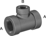Image of Product. Threaded NPT Female. Front orientation. Contains Annotated. Pipe and Fittings. Medium-Pressure Iron and Steel Threaded Pipe Fittings, Inline Tee Reducers, Threaded Fitting Connection, Female.