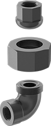 Image of System. NPT Female × NPT Male. Front orientation. Exploded view. Pipe and Fittings. Medium-Pressure Iron and Steel Threaded Pipe Fittings, Union 90° Elbow Connectors, Threaded Fitting Connection, Female.