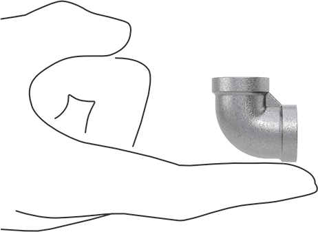 Image of Product. Side1 orientation. Contains SizingReference. Low-Pressure Pipe Fitting, Galvanized Iron, 90 Degree Elbow Connector, 1/4 NPT Female.
