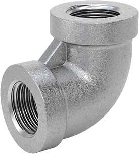 Image of Product. Front orientation. Low-Pressure Pipe Fitting, Galvanized Iron, 90 Degree Elbow Connector, 1/4 NPT Female.