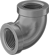 Image of Product. Front orientation. Pipe and Fittings. Low-Pressure Galvanized Iron and Steel Threaded Pipe Fittings, 90° Elbow Connectors, Threaded Fitting Connection, Female.