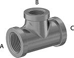Image of Product. Female x Female x Female. Front orientation. Contains Annotated. Pipe and Fittings. Low-Pressure Galvanized Iron and Steel Threaded Pipe Fittings, Inline Tee Reducers, Threaded Fitting Connection, Female.
