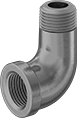 Image of Product. Female x Male. Front orientation. Pipe and Fittings. Low-Pressure Galvanized Iron and Steel Threaded Pipe Fittings, 90° Elbow Adapters, Male, Female, Threaded Fitting Connection.