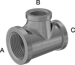 Image of Product. Female x Female x Female. Front orientation. Contains Annotated. Pipe and Fittings. Low-Pressure Galvanized Iron and Steel Threaded Pipe Fittings, Dual Tee Reducers, Threaded Fitting Connection, Female.