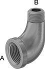 Image of Product. Female x Male. Front orientation. Contains Annotated. Pipe and Fittings. Low-Pressure Galvanized Iron and Steel Threaded Pipe Fittings, 90° Elbow Reducing Adapters, Male, Female, Threaded Fitting Connection.
