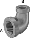 Image of Product. Female x Female. Front orientation. Contains Annotated. Pipe and Fittings. Low-Pressure Galvanized Iron and Steel Threaded Pipe Fittings, 90° Elbow Reducers, Female, Threaded Fitting Connection.