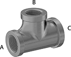 Image of Product. Female x Female x Female. Front orientation. Contains Annotated. Pipe and Fittings. Low-Pressure Galvanized Iron and Steel Threaded Pipe Fittings, Right Angle Tee Reducers, Threaded Fitting Connection, Female.