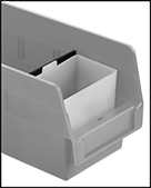 Image of Product. Divider and Bin Cup. Front orientation. Contains Border. Bins. Nestable Plastic Bins.