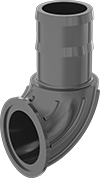 Image of Product. Front orientation. Pipe and Fittings. Easy-Access UV-Resistant Polypropylene Pipe Fittings for Chemicals, 90° Elbow Adapters, Worm-Drive Quick Clamp × Clamp-On Barbed Male.