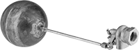 Image of Product. Npt Female Inlet × Discharge Outlet. Front orientation. Float Valves. Brass Float Valves, Brass Float Rod—Elbow Valve Body, NPT Inlet Thread, Female Inlet, Threaded Inlet Connection, Discharge, Copper Float.