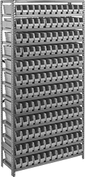 Image of Product. Front orientation. Shelving. Bin-Box Shelving, Total of 144 Bins.