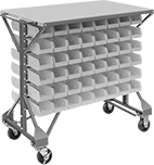Image of Product. Front orientation. Bin Racks. Bench-Height Bin-Box Racks, Rolling, Total of 96 Bins.