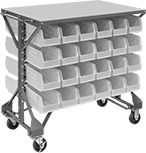 Image of Product. Front orientation. Bin Racks. Bench-Height Bin-Box Racks, Rolling, Total of 48 Bins.