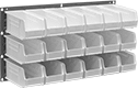 Image of Product. Front orientation. Bin Racks. Wall-Mount Bin-Box Racks, Stationary, Total of 18 Bins.