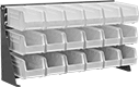 Image of Product. Front orientation. Bin Racks. Tabletop Bin-Box Racks, Stationary, Total of 18 Bins.
