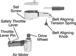 Image of System. Front orientation. Exploded view. Contains Annotated. Sander Replacement Parts. Heavy Duty Air-Powered Narrow-Belt Sanders, For Pivoting-Arm Sanders.