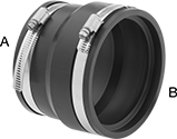 Image of Product. Pipe End × Corrugated Pipe End. Front orientation. Contains Annotated. Pipe and Fittings. Drain, Waste, and Vent PVC Clamp-On Pipe Fittings for Water, Straight Adapters, Clamp-On Female for Pipe Ends × Clamp-On Female for Corrugated Pipe Ends.
