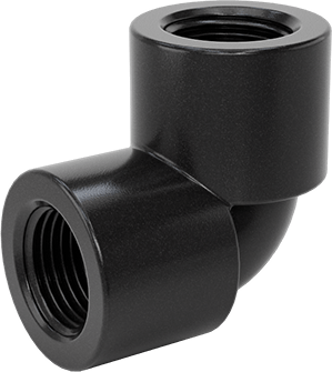 Image of Product. Front orientation. UV-Resistant Polypropylene Pipe Fitting for Chemicals, 90 Degree Elbow Connector, 1/2 NPT Female.