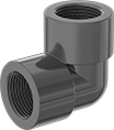 Image of Product. NPT Female. Front orientation. Pipe and Fittings. UV-Resistant Polypropylene Pipe Fittings for Chemicals, 90° Elbow Connectors, Threaded Fitting Connection, Female.