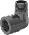 Image of Product. NPT Female × NPT Male. Front orientation. Pipe and Fittings. UV-Resistant Polypropylene Pipe Fittings for Chemicals, 90° Elbow Adapters, Male, Female, Threaded Fitting Connection.