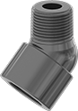 Image of Product. NPT Female × NPT Male. Front orientation. Pipe and Fittings. UV-Resistant Polypropylene Pipe Fittings for Chemicals, 45° Elbow Adapters, Male, Female, Threaded Fitting Connection.