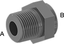 Image of Product. NPT Male × NPT Female with Hex Body. Front orientation. Contains Annotated. Pipe and Fittings. UV-Resistant Polypropylene Pipe Fittings for Chemicals, Bushing Straight Reducing Adapters, Male, Threaded Fitting Connection, Female, Hex Body.