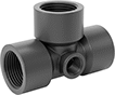 Image of Product. NPT Female. Front orientation. Pipe and Fittings. UV-Resistant Polypropylene Pipe Fittings for Chemicals, Tee Connectors with Gauge Port, Threaded Fitting Connection, Female.