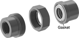 Image of System. Exploded View. Front orientation. Exploded view. Contains Annotated. Pipe and Fittings. High-Pressure Iron and Steel Threaded Pipe Fittings, Union Straight Connectors with Gasket, Threaded Fitting Connection, Female, Hex Body.