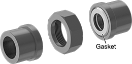 Image of System. Socket Connect (Exploded View). Front orientation. Exploded view. Contains Annotated. Pipe and Fittings. High-Pressure Iron and Steel Socket-Connect Pipe Fittings, Union Straight Connectors with Gasket, Socket Connect, Hex Body.