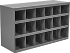 Image of Product. Front orientation. Shelving. Stackable Bin Shelving, Total of 18 Bins.