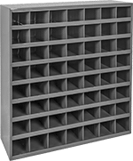 Image of Product. Front orientation. Shelving. Stackable Bin Shelving, Total of 56 Bins.