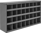 Image of Product. Front orientation. Shelving. Stackable Bin Shelving, Total of 32 Bins.