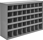 Image of Product. Front orientation. Shelving. Stackable Bin Shelving, Total of 40 Bins.