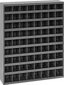 Image of Product. Front orientation. Shelving. Stackable Bin Shelving, Total of 72 Bins.