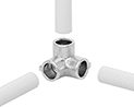 Image of ProductInUse. Front orientation. Exploded view. Safety Railing Connectors. Three-Way 90° Elbows.