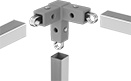 Image of ProductInUse. Front orientation. Exploded view. Quick Release. Three-Way 90° Elbow.