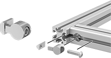 Image of ProductInUse. Front orientation. Exploded view. T-Slotted Framing and Fittings. T-Slotted Framing Brackets, Anchor Concealed Brackets.