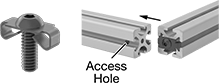 Image of ProductInUse. Front orientation. Contains Annotated. T-Slotted Framing and Fittings. T-Slotted Framing Brackets, Tabbed Concealed Brackets, For Single Rails.