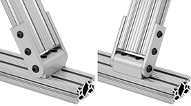Image of ProductInUse. Inline/Perpendicular. Front orientation. Contains MultipleImages. T-Slotted Framing and Fittings. T-Slotted Framing Brackets, Pivoting Brackets for Double and Quad Rails, Inline/Perpendicular, Straight Arms.