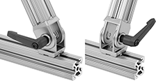Image of ProductInUse. Locking Inline/Perpendicular. Front orientation. Contains MultipleImages. T-Slotted Framing and Fittings. T-Slotted Framing Brackets, Pivoting Brackets for Single Rails , Locking Inline/Perpendicular, Straight Arms, L-Handle.