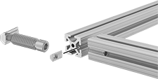 Image of ProductInUse. Front orientation. Exploded view. T-Slotted Framing and Fittings. T-Slotted Framing Brackets, Barrel Concealed Brackets.