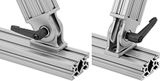 Image of ProductInUse. Locking Inline/Perpendicular. Front orientation. Contains MultipleImages. T-Slotted Framing and Fittings. T-Slotted Framing Brackets, Pivoting Brackets for Double and Quad Rails, Locking Inline/Perpendicular, Straight Arms, L-Handle.