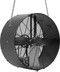 Image of ProductInUse. Shown Mounted with Chains (Not Included). Front orientation. Fans. Corrosion-Resistant Belt-Drive Ceiling-Mount Fans.