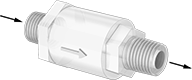 Image of Product. Male × Male. Front orientation. Contains Annotated. Check Valves. Ultra-Chemical-Resistant Threaded Check Valves, PFA Body—Spring-Loaded Piston, Male.