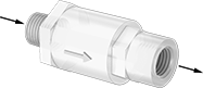 Image of Product. Male × Female. Front orientation. Contains Annotated. Check Valves. Ultra-Chemical-Resistant Threaded Check Valves, PFA Body—Spring-Loaded Piston, Male, Female.