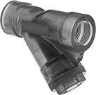 Image of Product. Front orientation. Strainers. PVC Y-Strainers, With Female Threaded Pipe Fitting Connections—Threaded Drain with Plug.