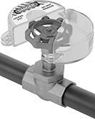 Image of ProductInUse. Front orientation. Lockouts. Hinged Lockouts for Valve Hand Wheels, Clear Lockout Cover.