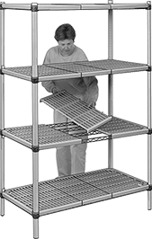 Image of ProductInUse. Front orientation. Shelving. Heavy Duty Vented Plastic Shelving, Stationary.