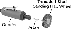 Image of Product. Front orientation. Contains Annotated. Flap Wheel Arbors. Threaded-Stud Sanding Flap Wheel Arbors .