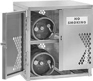 Image of ProductInUse. Front orientation. Cabinets. Aluminum Safety Cabinets for Gas Cylinders, Bench-Height with Horizontal Storage—Assembled.